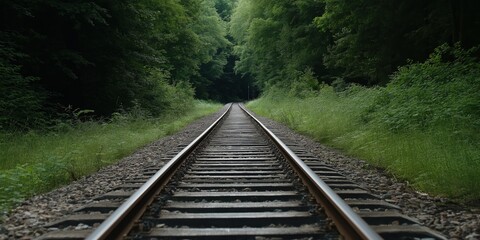 Fototapeta premium A tranquil view of train tracks disappearing into a lush green forest, evoking feelings of adventure, introspection, and the beauty of untouched nature.