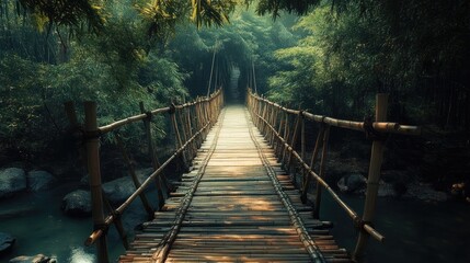 Fototapeta premium Bamboo bridge in lush forest setting showcasing natural beauty and serene atmosphere with light filtering through trees