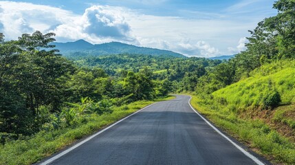Aerial view of winding asphalt road surrounded by vibrant greenery under a clear blue sky and distant mountains in a serene landscape.