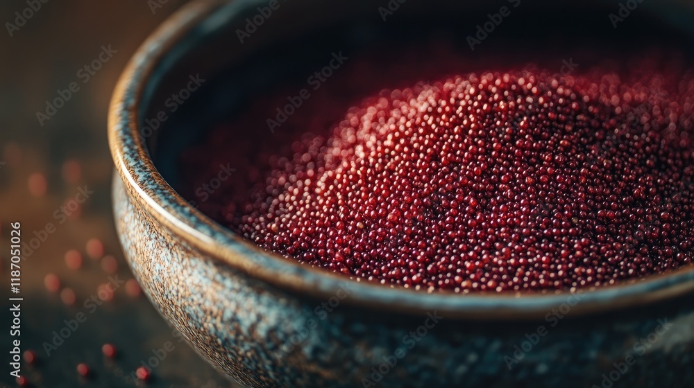 Poster amaranth seeds in a ceramic bowl with selective focus highlighting their texture and color depth in 