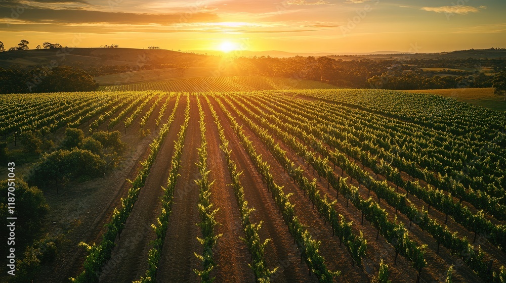 Poster aerial view of lush vineyards at sunset with golden light illuminating rows and ample space for text