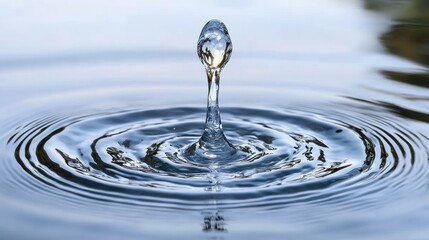 Close-up of a water droplet impacting a still water surface, creating concentric ripples.