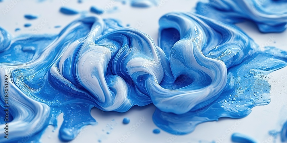 Poster swirls of blue and white paint create a mesmerizing abstract design on a textured surface