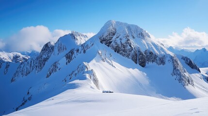 Obraz premium Majestic snow-capped mountain peaks under a clear blue sky showcasing the beauty of winter nature in pristine wilderness.