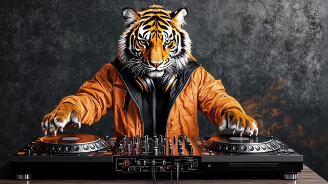 A caspian tiger with a DJ setup, blending animal imagery with music culture.