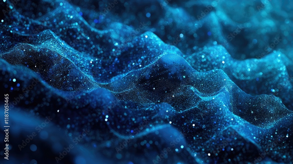 Aufkleber luminous dark blue ocean waves texture with shimmering particles in 3d rendered background for abstr