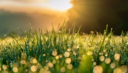 clean inexperienced grass with dew drops in morning sunny lighting stunning nature panorama with...