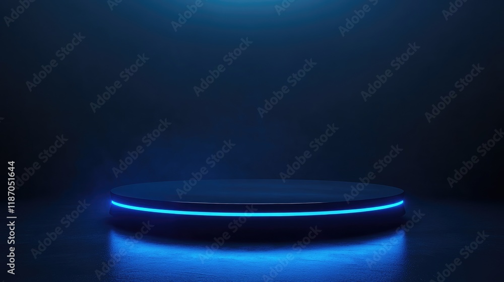 Poster abstract deep blue background with circular light bokeh and illuminated stage offering copy space fo