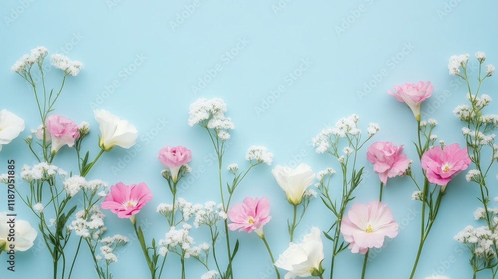 Aufkleber aerial view of white and pink flowers arranged on a blue background with ample copyspace for elegant