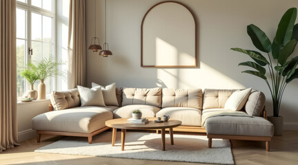 Fototapeta premium sunlit living room features a beige sectional sofa a round wooden coffee table.