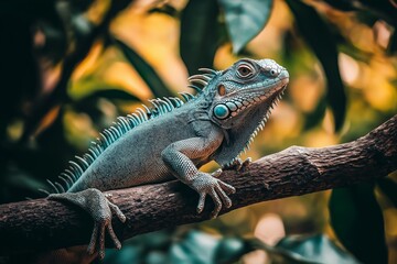 A striking iguana resting on a branch, surrounded by lush greenery, showcasing nature's vivid colors.