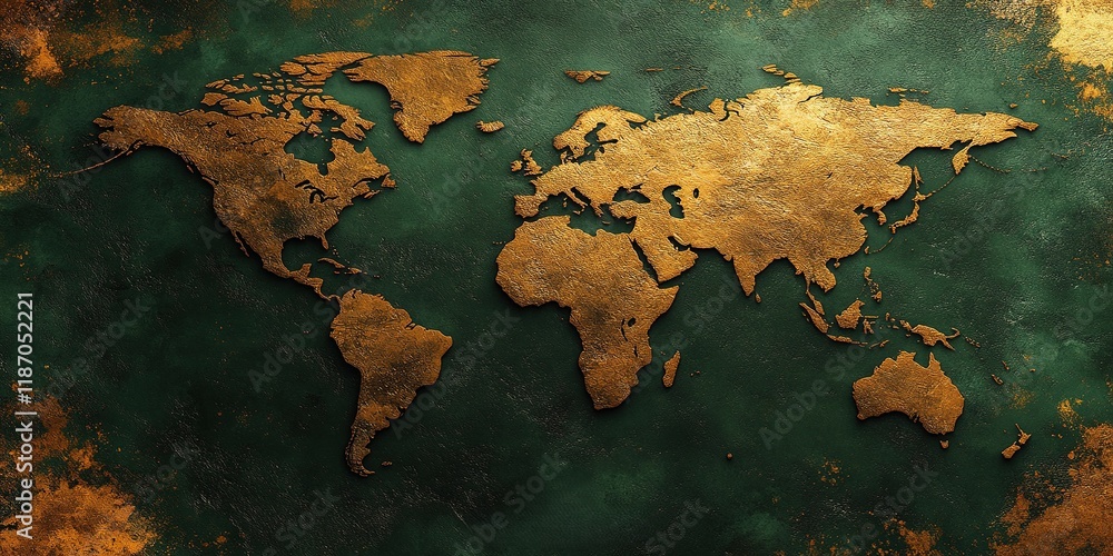 Poster world map illustration with a golden texture on a dark green background highlighting continents and 
