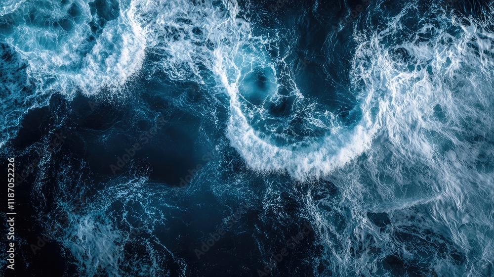 Poster aerial view of turbulent ocean waves with dark background and space for text placement
