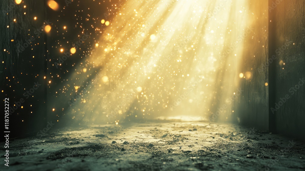 Poster stunning golden light rays illuminating a dusty pathway in a dark environment creating an enchanting