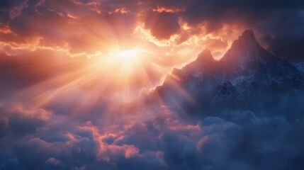 Fototapeta premium Dramatic Sunrise Over Majestic Mountains with Sun Rays Illuminating the Colorful Sky and Clouds