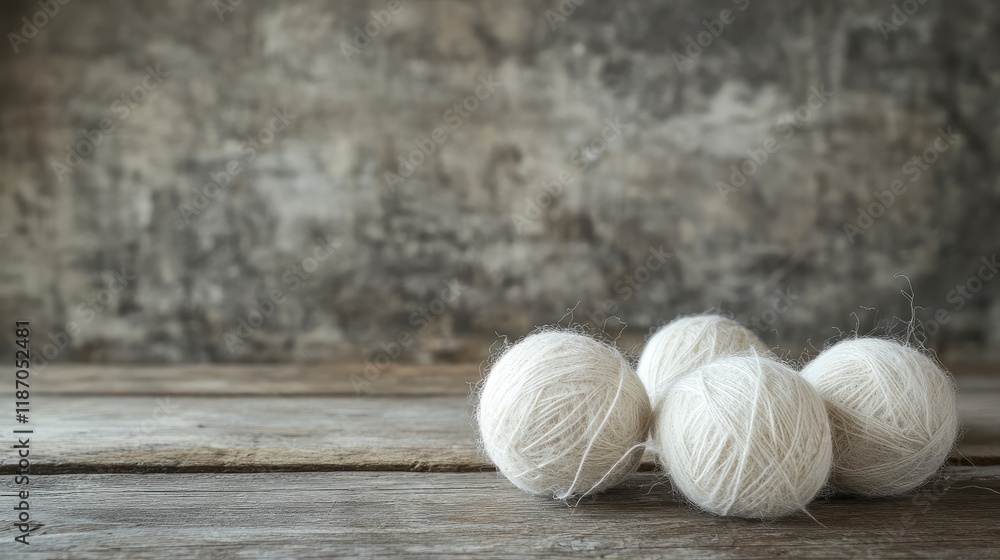 Aufkleber soft white wool balls arranged on a weathered wooden table creating a rustic and cozy atmosphere for