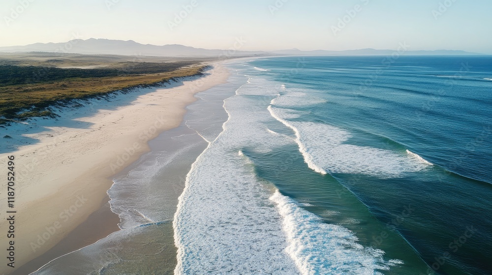 Poster aerial view of serene ocean waves breaking on an unspoiled sandy beach with vast empty space for tex