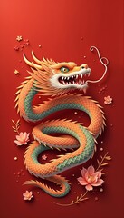 Obraz premium Colorful dragon illustration representing Lunar New Year with floral elements on a red background