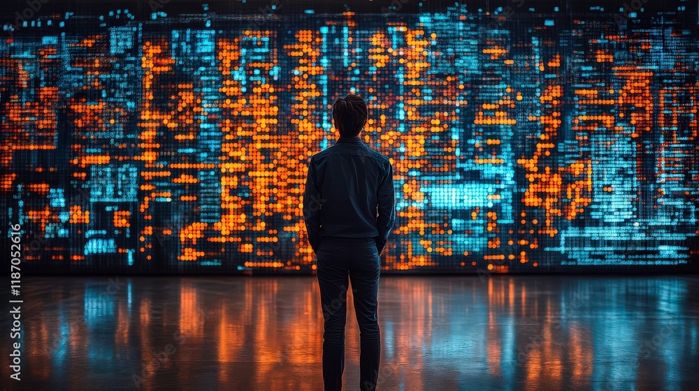 Poster futuristic cityscape with digital data visualization, individual observing colorful projections of i