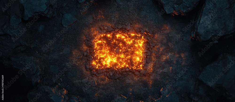 Poster aerial view of vibrant glowing embers in a dark fireplace with ample blank space for personalized te
