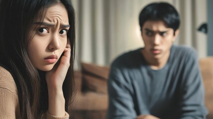 Naklejka premium young Asian couple, tense conversation, emotional conflict, close-up portrait, living room setting, serious expressions, blue t-shirt, long dark hair, dramatic lighting, cinematic composition, relatio