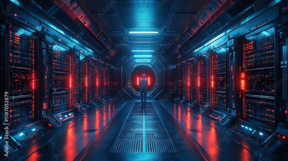 Aufkleber futuristic data center with neon lights, server racks and high-tech equipment illuminating the pathw