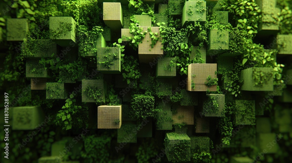 Aufkleber green abstract cube background 3d rendering with lush vegetation modern pixel art technology concept