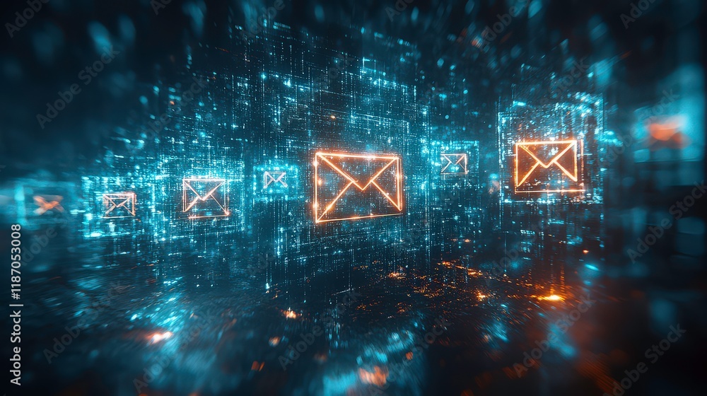 Poster futuristic digital background featuring glowing email icons in a matrix-like environment with blue a