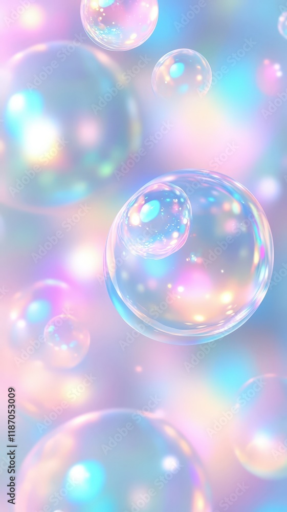 Poster multiple iridescent soap bubbles floating gently against a soft, pastel colored background, creating