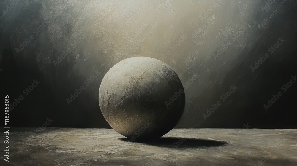 Poster abstract composition of a lone sphere casting a shadow on a textured surface against a moody gradien