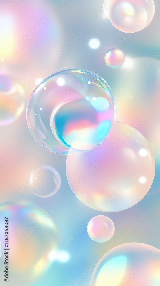 Poster multiple iridescent soap bubbles floating gently against a soft, pastel colored background, creating