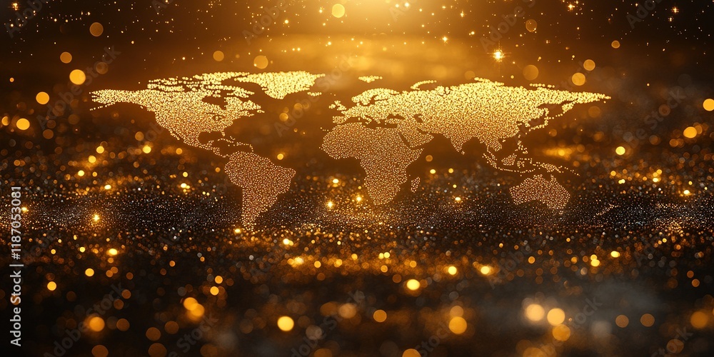 Poster glimmering golden world map with sparkling lights creating an enchanting atmosphere during an evenin