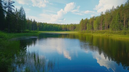Serene lake surrounded by lush greenery and vibrant trees under a bright sky with clouds reflecting on the water surface.