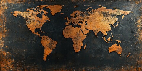 Detailed vintage world map design featuring continents in metallic copper tones against a dark textured background