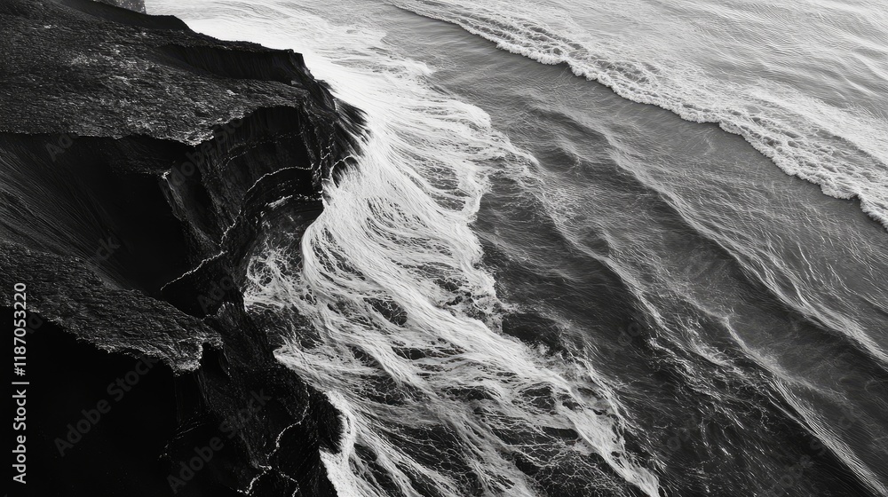 Poster aerial monochrome view of volcanic patterns and ocean waves with space for text placement and dramat