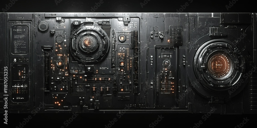 Poster futuristic control panel with intricate design, glowing elements, and complex circuitry illuminated 