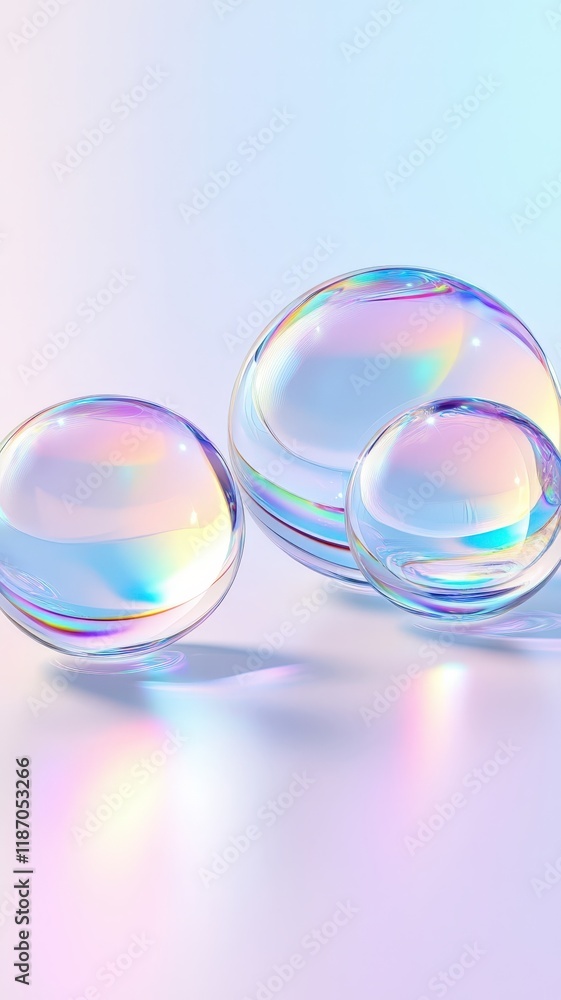 Poster iridescent soap bubbles drifting against soft pastel backdrop, forming ethereal multicolored abstrac