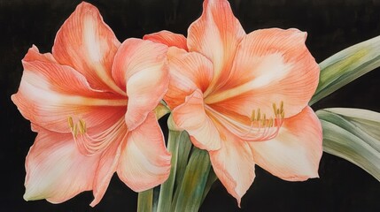 Amaryllis flower in full bloom showcasing delicate peach petals against a dark background emphasizing its vibrant beauty and graceful elegance.