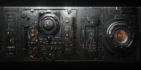 Fototapeta premium Futuristic control panel with intricate design, glowing elements, and complex circuitry illuminated in a dark setting