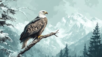 Bald Eagle Perched on a Branch Amidst Snow-Capped Mountains and Forests in a Serene Landscape
