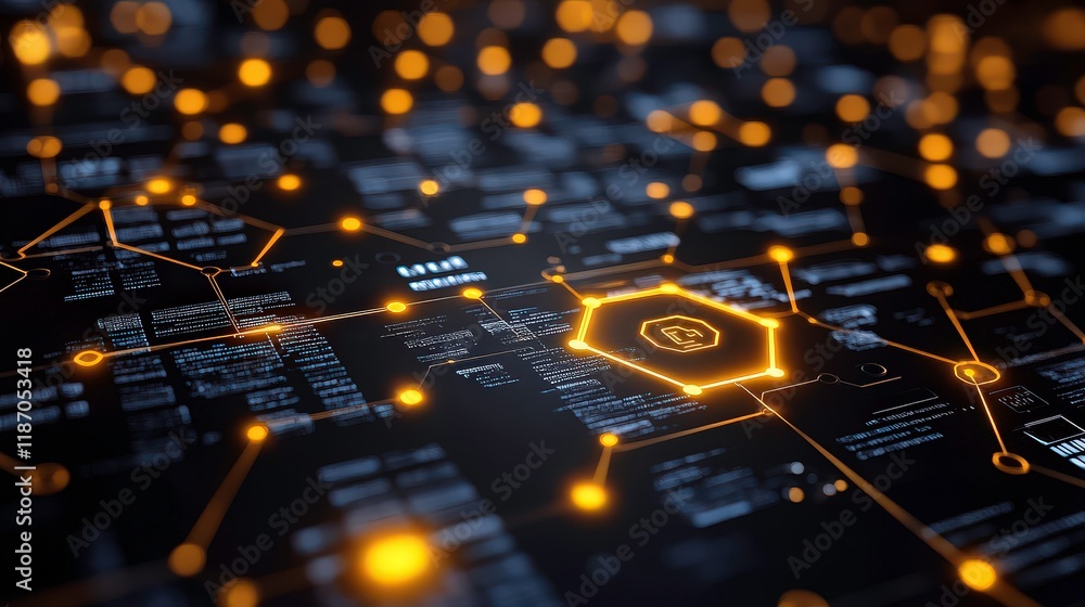 Poster futuristic digital network concept with glowing nodes, abstract technology interface representing da