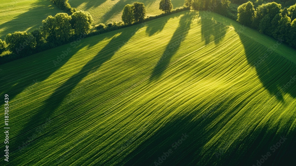 Poster aerial view of lush green fields with long shadows creating a serene landscape perfect for nature-th