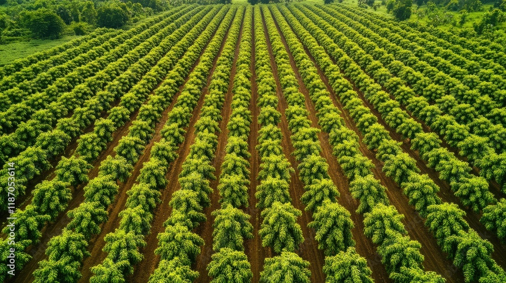Poster aerial view of lush cocoa tree plantation showcasing organized rows of vibrant green foliage and amp