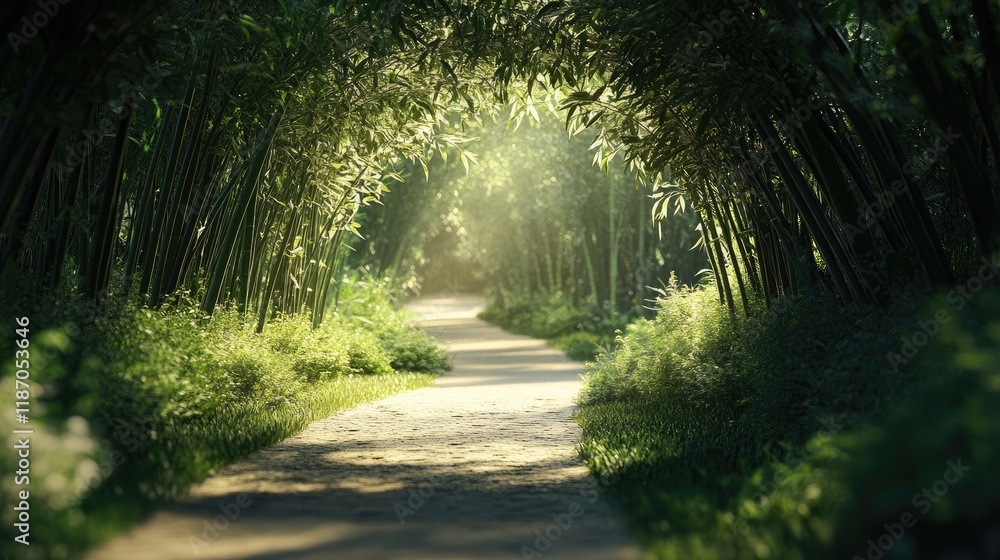 Poster serene bamboo forest path illuminated by soft daylight creating a peaceful and inviting nature scene