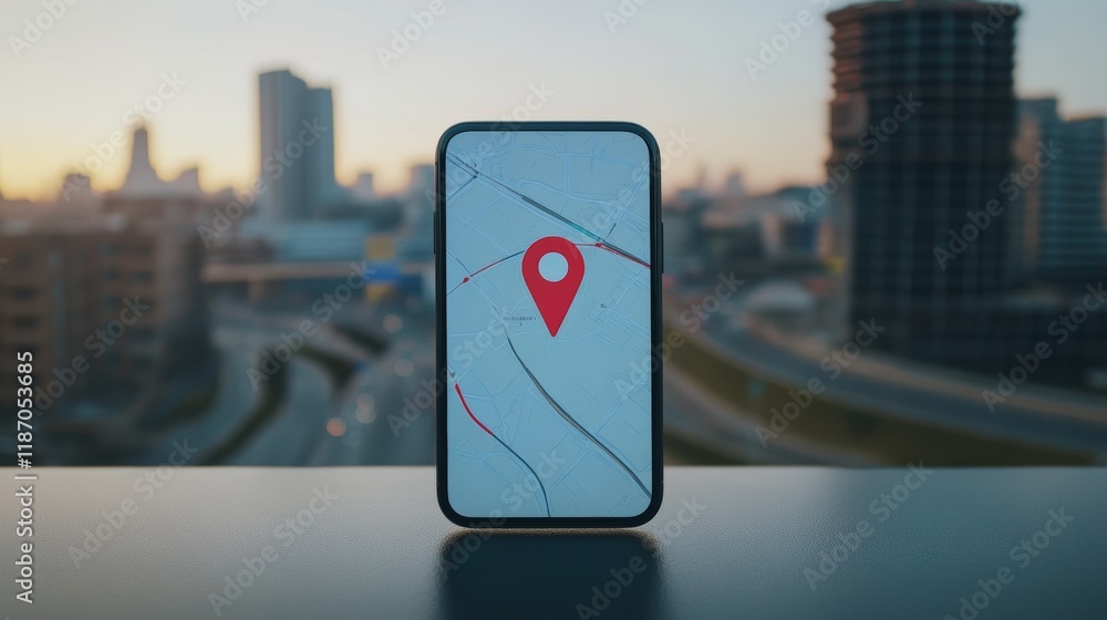 Aufkleber mobile phone displaying navigation map with location pin in modern city setting, showcasing concept 