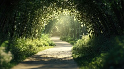 Fototapeta premium Serene bamboo forest path illuminated by soft daylight creating a peaceful and inviting nature scene for relaxation and tranquility.