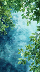 Lush green leaves against serene blue background