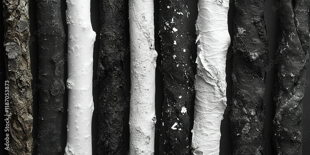 Poster different textured sticks arranged in a line showing a range of natural and painted colors on a neut