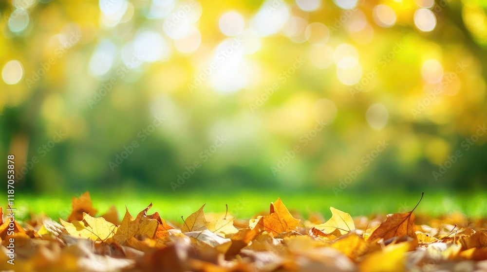 Poster bokeh landscape with autumn leaves on blurred green background creating an abstract nature theme ful
