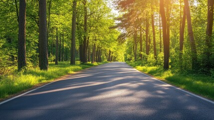 Obraz premium Serene Asphalt Road Surrounded by Lush Green Trees in a Sunlit Forest Pathway